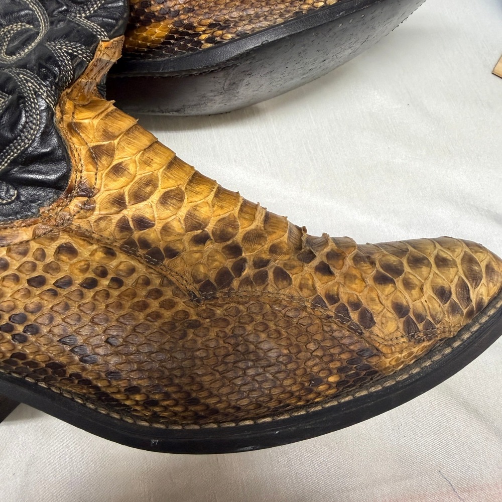 ACME Vintage Genuine Python Snakeskin Cowboy Boots Men's 9D Black Tan - Picture 6 of 14